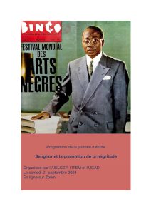 Couverture du numéro 139 de BINGO "le mensuel du monde noir" montrant Senghor debout à côté d'une table, la main posée sur une pile d'ouvrages, annonçant le "Festival mondial des arts nègres", 1966